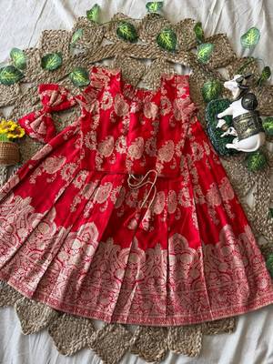 Red banarasi silk kids lehenga choli set with zari jacquard work for girls 2