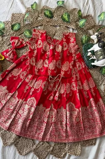 Red banarasi silk kids lehenga choli set with zari jacquard work for girls