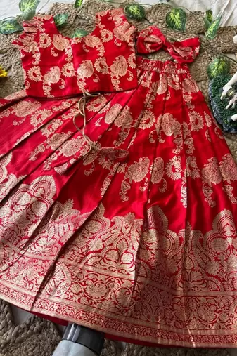 Red banarasi silk kids lehenga choli set with zari jacquard work for girls