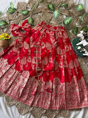 Red banarasi silk kids lehenga choli set with zari jacquard work for girls 4