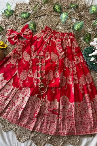 Red banarasi silk kids lehenga choli set with zari jacquard work for girls