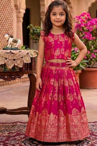 Ranipink banarasi silk kids lehenga choli set with zari jacquard work for girls