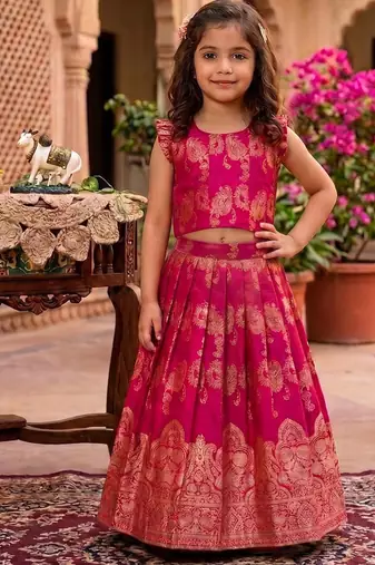 Ranipink banarasi silk kids lehenga choli set with zari jacquard work for girls
