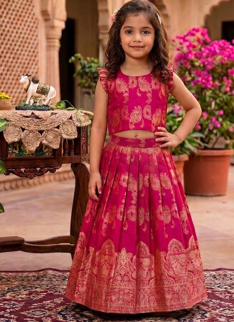 Ranipink banarasi silk kids lehenga choli set with zari jacquard work for girls