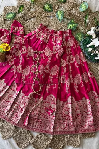 Ranipink banarasi silk kids lehenga choli set with zari jacquard work for girls
