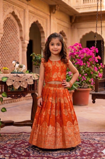 Orange banarasi silk kids lehenga choli set with zari jacquard work for girls