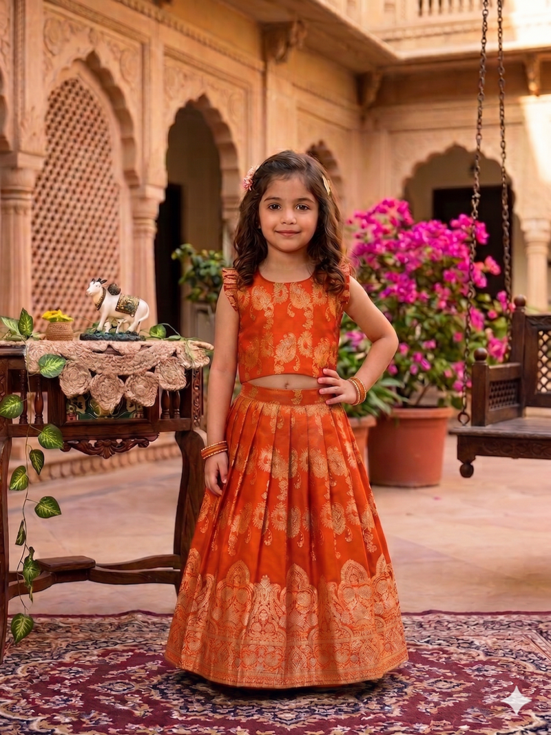 Orange banarasi silk kids lehenga choli set with zari jacquard work for girls