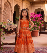 Orange banarasi silk kids lehenga choli set with zari jacquard work for girls