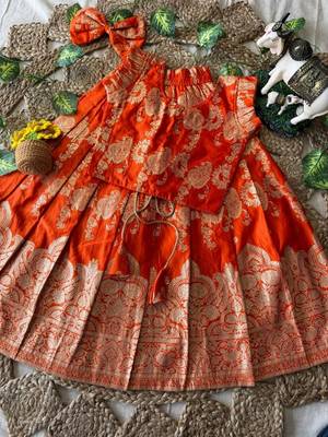 Orange banarasi silk kids lehenga choli set with zari jacquard work for girls 2