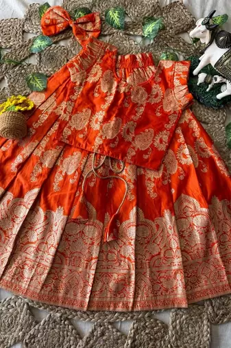 Orange banarasi silk kids lehenga choli set with zari jacquard work for girls