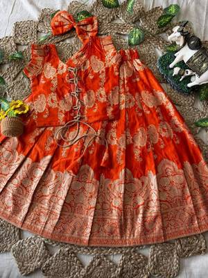 Orange banarasi silk kids lehenga choli set with zari jacquard work for girls 3