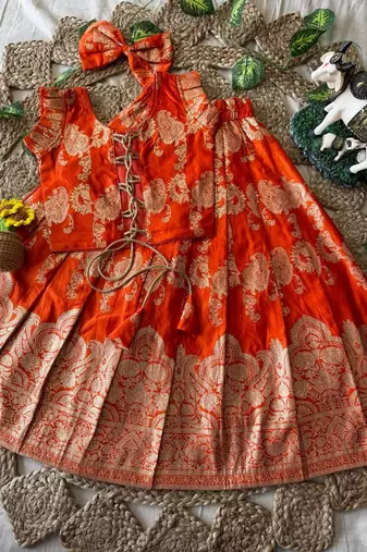 Orange banarasi silk kids lehenga choli set with zari jacquard work for girls