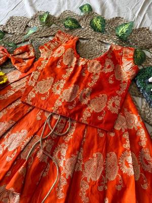 Orange banarasi silk kids lehenga choli set with zari jacquard work for girls 4