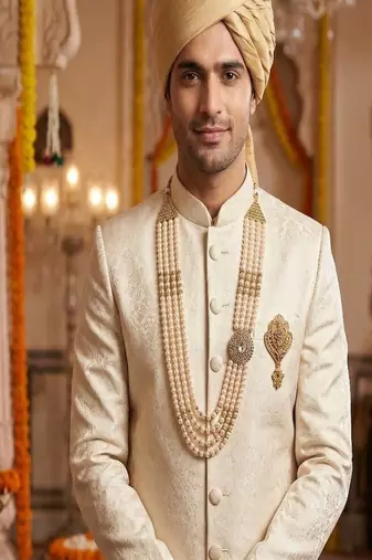   groom sherwani necklace moti mala layered for wedding | groom mala with brooch set