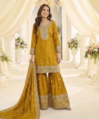 Yellow chinon sharara salwar suit 1