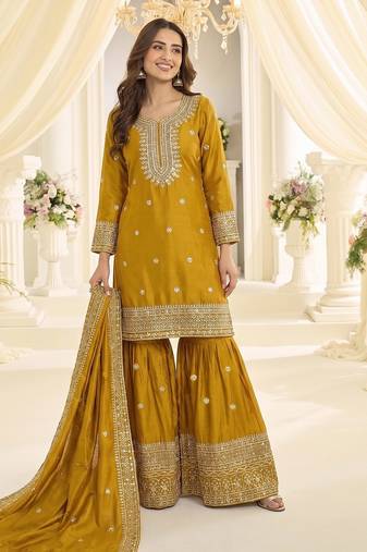 Yellow chinon sharara salwar suit