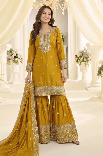 Yellow chinon sharara salwar suit