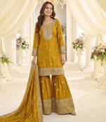 Yellow chinon sharara salwar suit