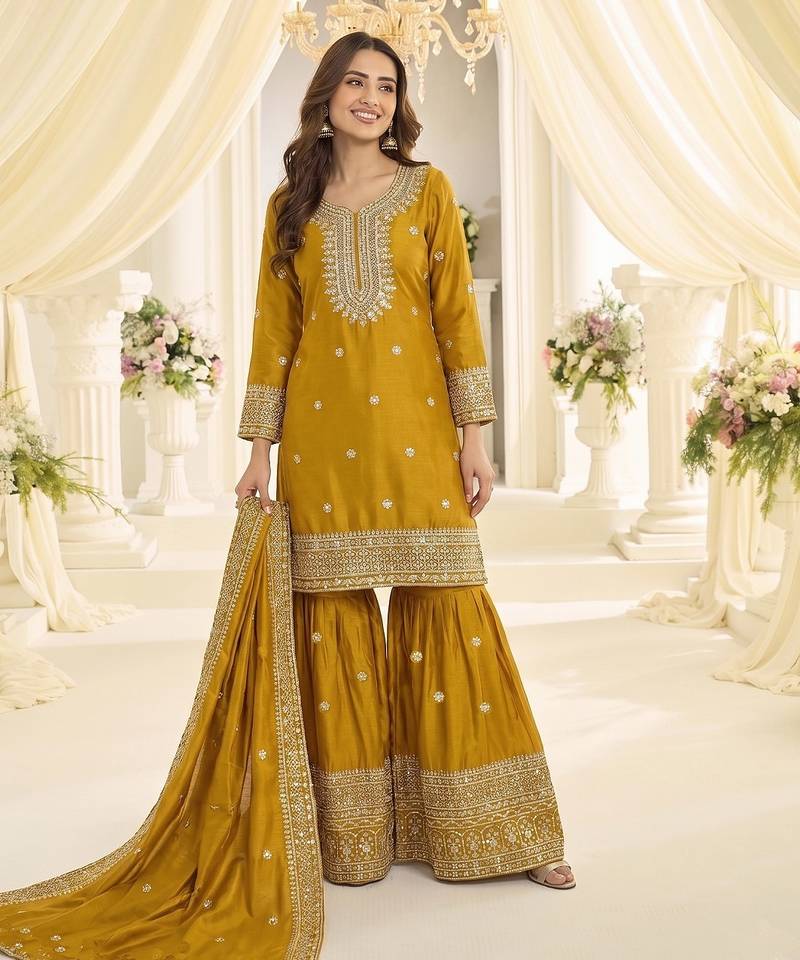 Yellow chinon sharara salwar suit