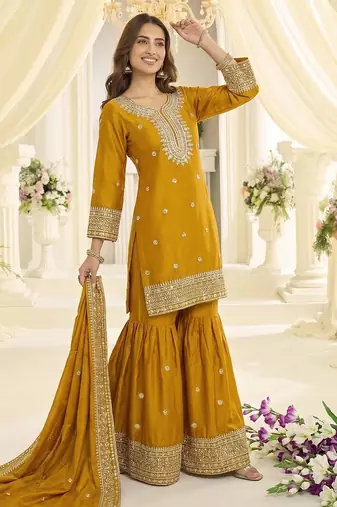 Yellow chinon sharara salwar suit