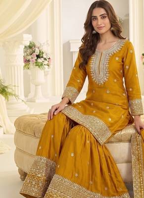 Yellow chinon sharara salwar suit 3