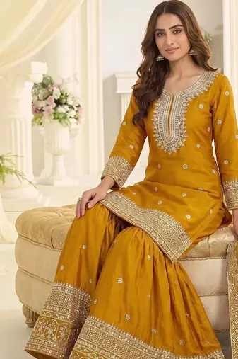 Yellow chinon sharara salwar suit