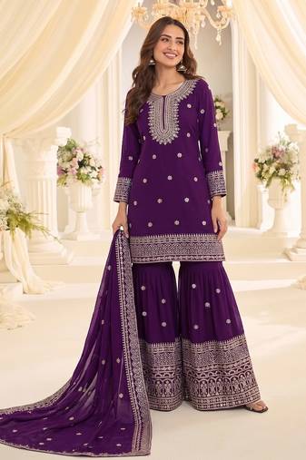 Purple chinon sharara salwar suit