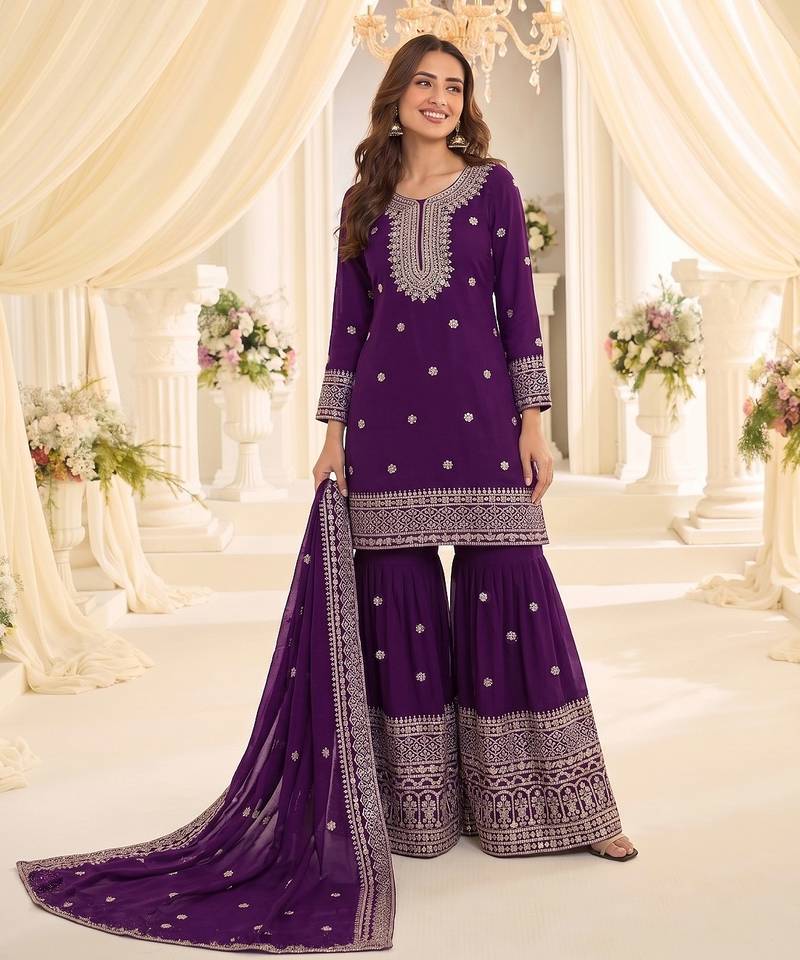 Purple chinon sharara salwar suit