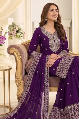 Purple chinon sharara salwar suit