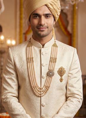   groom sherwani necklace moti mala layered for wedding | groom mala with brooch set 7