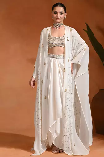 Ivory white embroidered cotton organza draped skirt set