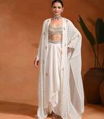 Ivory white embroidered cotton organza draped skirt set