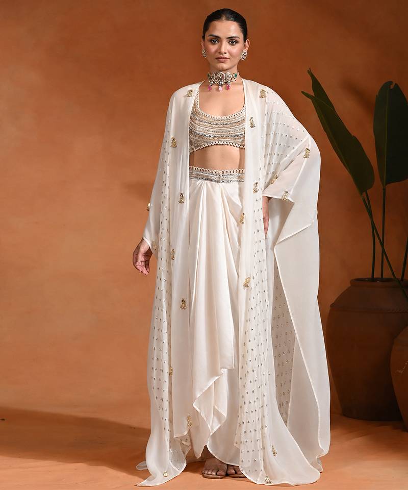 Ivory white embroidered cotton organza draped skirt set