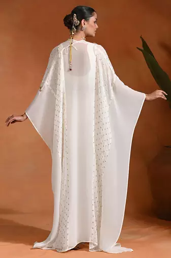 Ivory white embroidered cotton organza draped skirt set