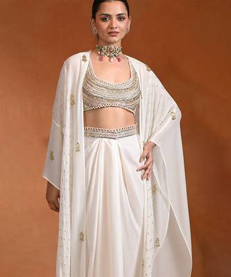Ivory white embroidered cotton organza draped skirt set 5