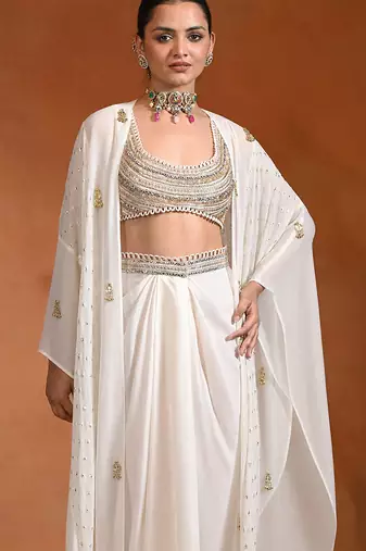 Ivory white embroidered cotton organza draped skirt set