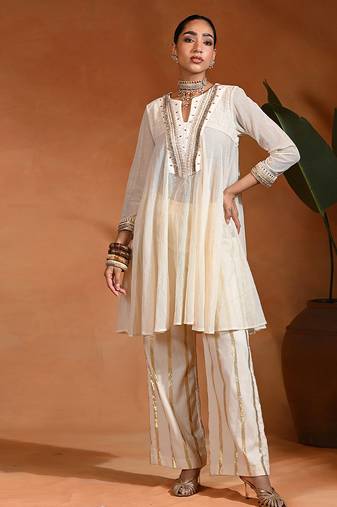 Ivory embroidered linen jute indo western kurta set