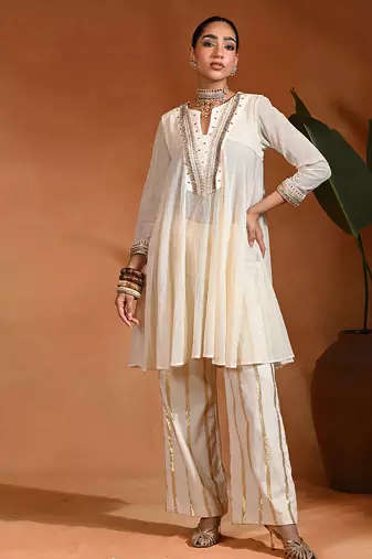 Ivory embroidered linen jute indo western kurta set