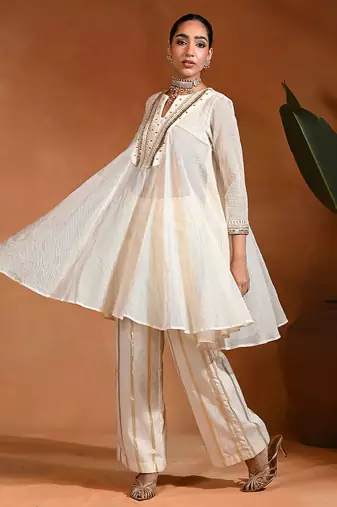 Ivory embroidered linen jute indo western kurta set