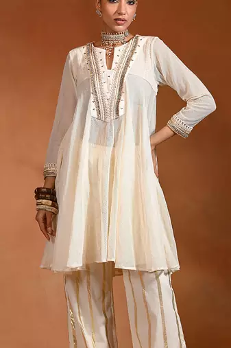 Ivory embroidered linen jute indo western kurta set