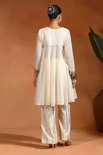 Ivory embroidered linen jute indo western kurta set