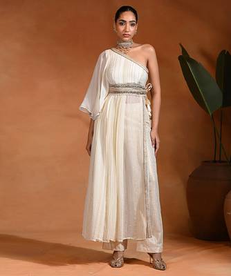 Ivory white viscose georgette indo western one shoulder kurta set 1