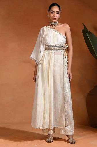 Ivory white viscose georgette indo western one shoulder kurta set