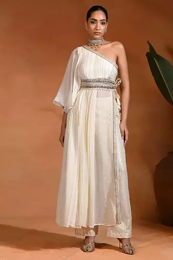 Ivory white viscose georgette indo western one shoulder kurta set