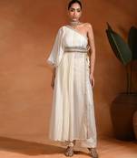 Ivory white viscose georgette indo western one shoulder kurta set