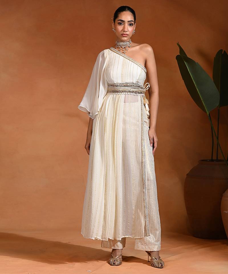 Ivory white viscose georgette indo western one shoulder kurta set