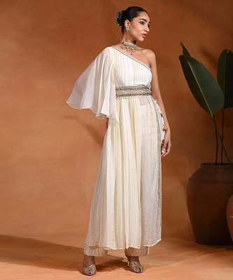 Ivory white viscose georgette indo western one shoulder kurta set 2