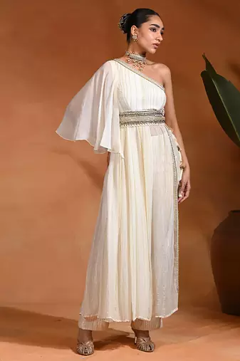Ivory white viscose georgette indo western one shoulder kurta set