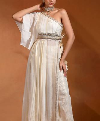 Ivory white viscose georgette indo western one shoulder kurta set 3
