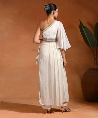 Ivory white viscose georgette indo western one shoulder kurta set 4